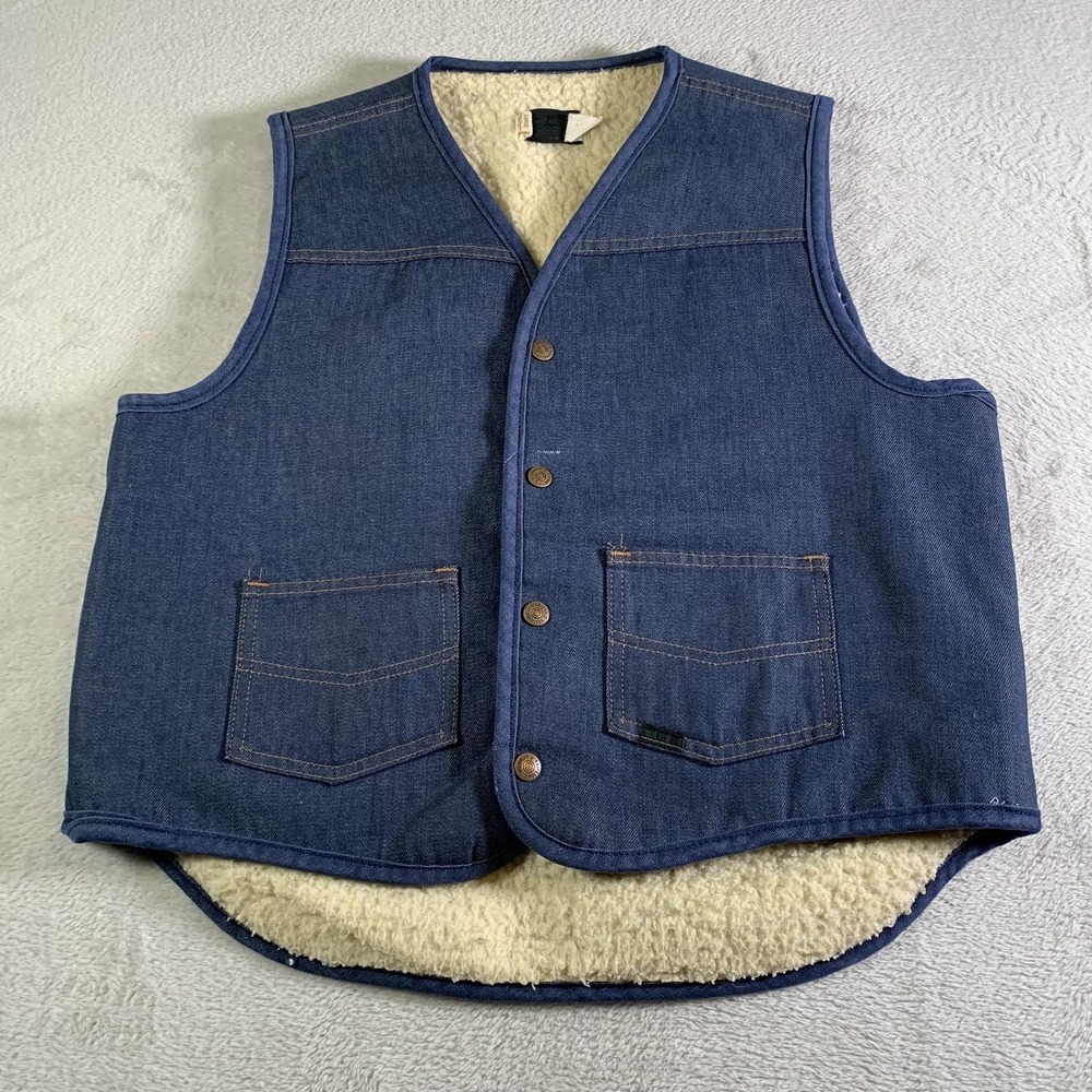 Vintage Roebucks Vest Mens Large Denim Sherpa Lined Western Workwear 70s 80s